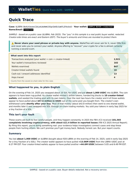 First page of the sample Quick Trace